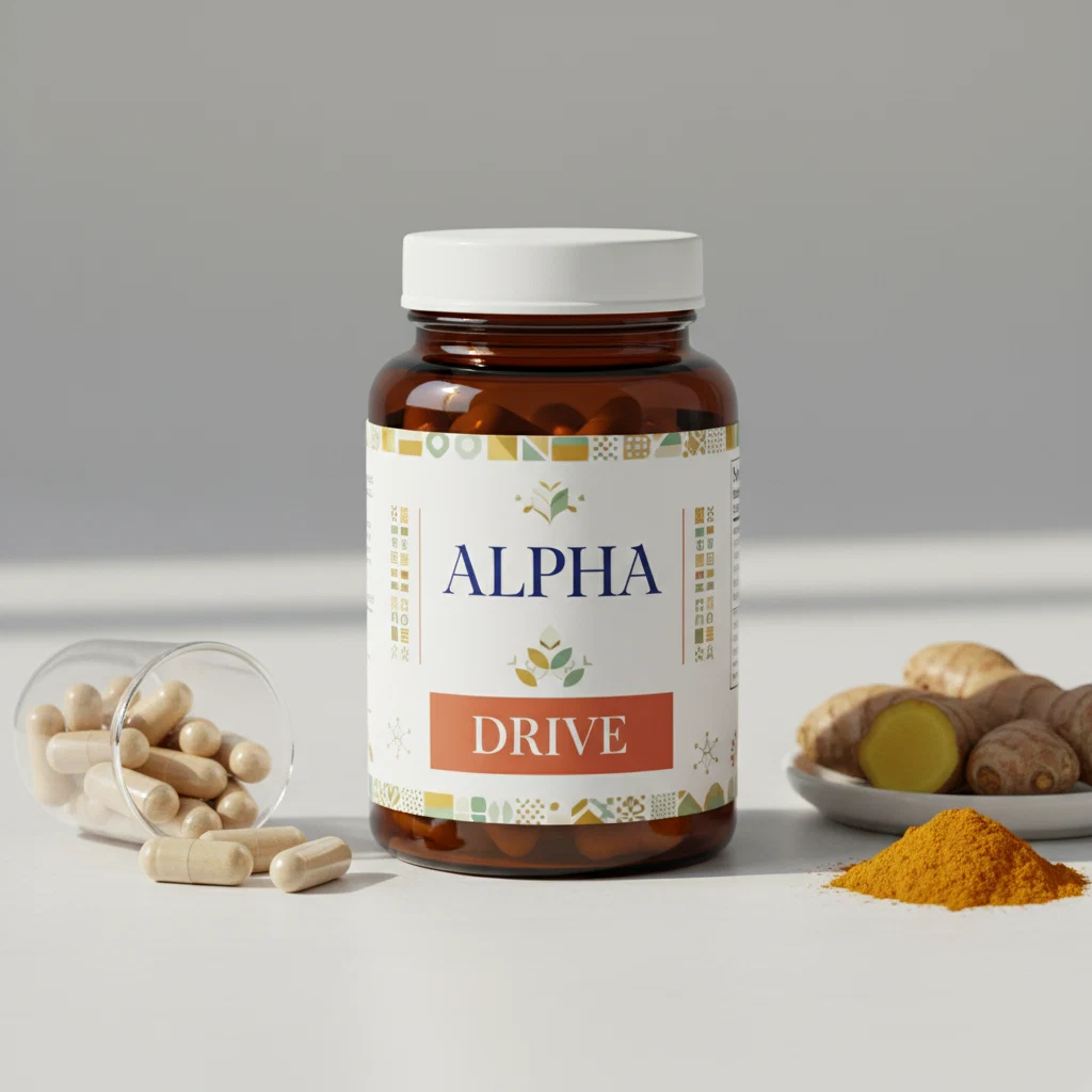 Alpha Drive kosttillskott 60 kapslar - vit burk med blå hexagonal etikett